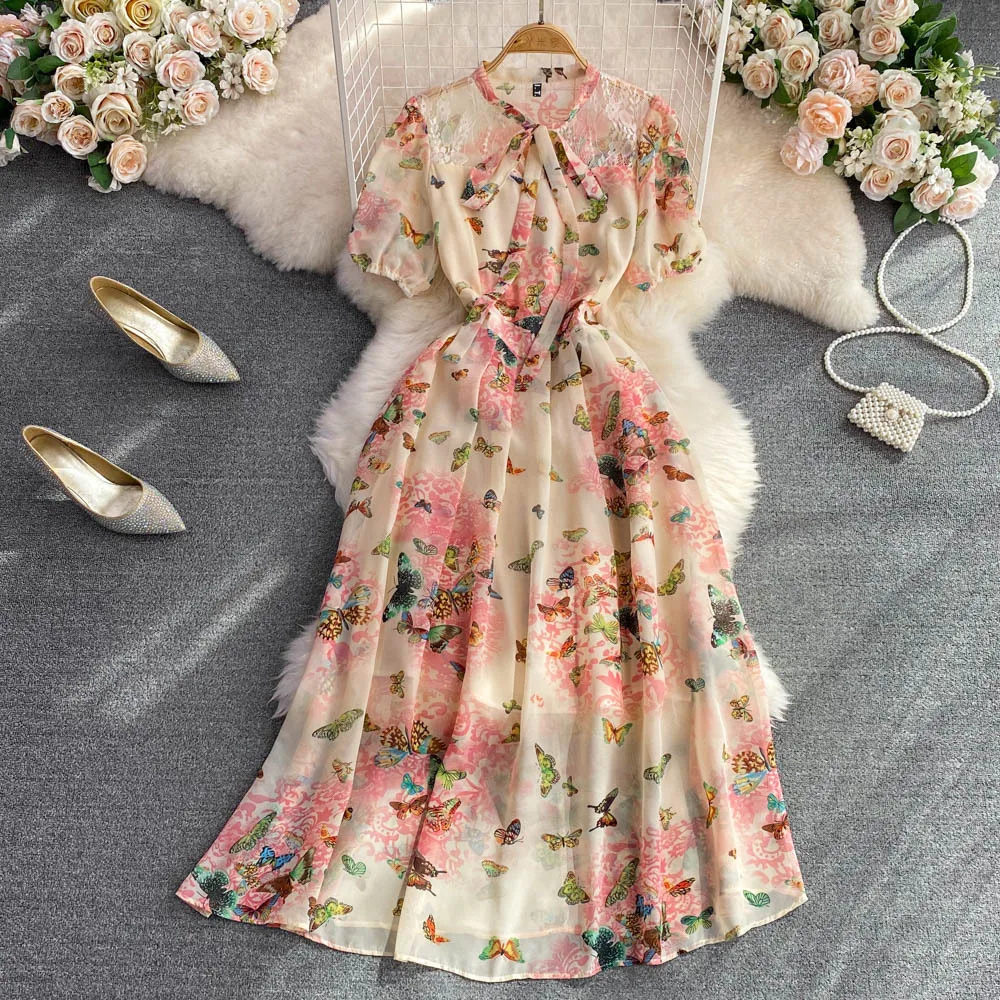 Vintage Style Bow Tie Up Bubble Short Sleeve Wrapped Waist Show Thin A-line Chiffon Dress Elegant Long Dress