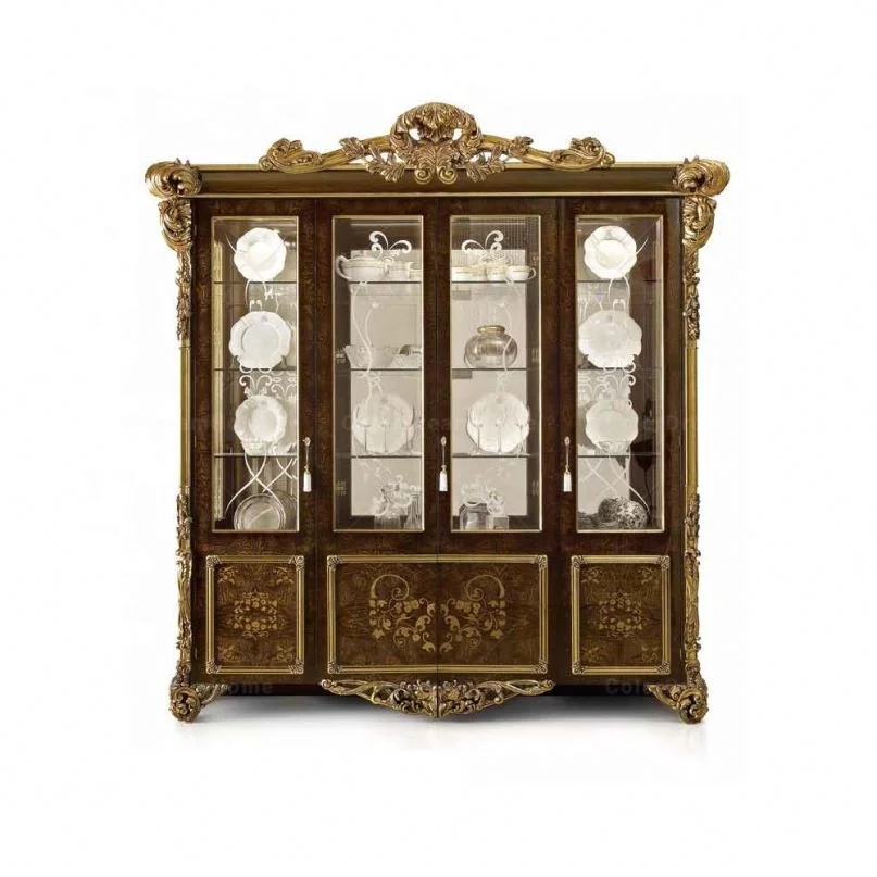 Rococo design french royal luxury wooden carved display cabinet glass wine cabinet