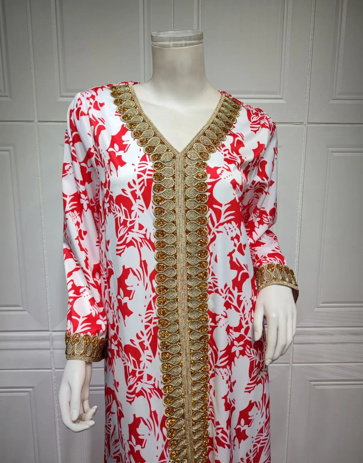 2022 new arrival Muslim clothing Arabic women abaya dress red white flower print diamond Moroccan dresses