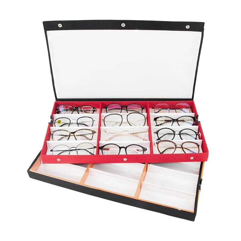 Fashion eyewear store black red orange cardboard display stand Case15 slot sunglasses storage display case