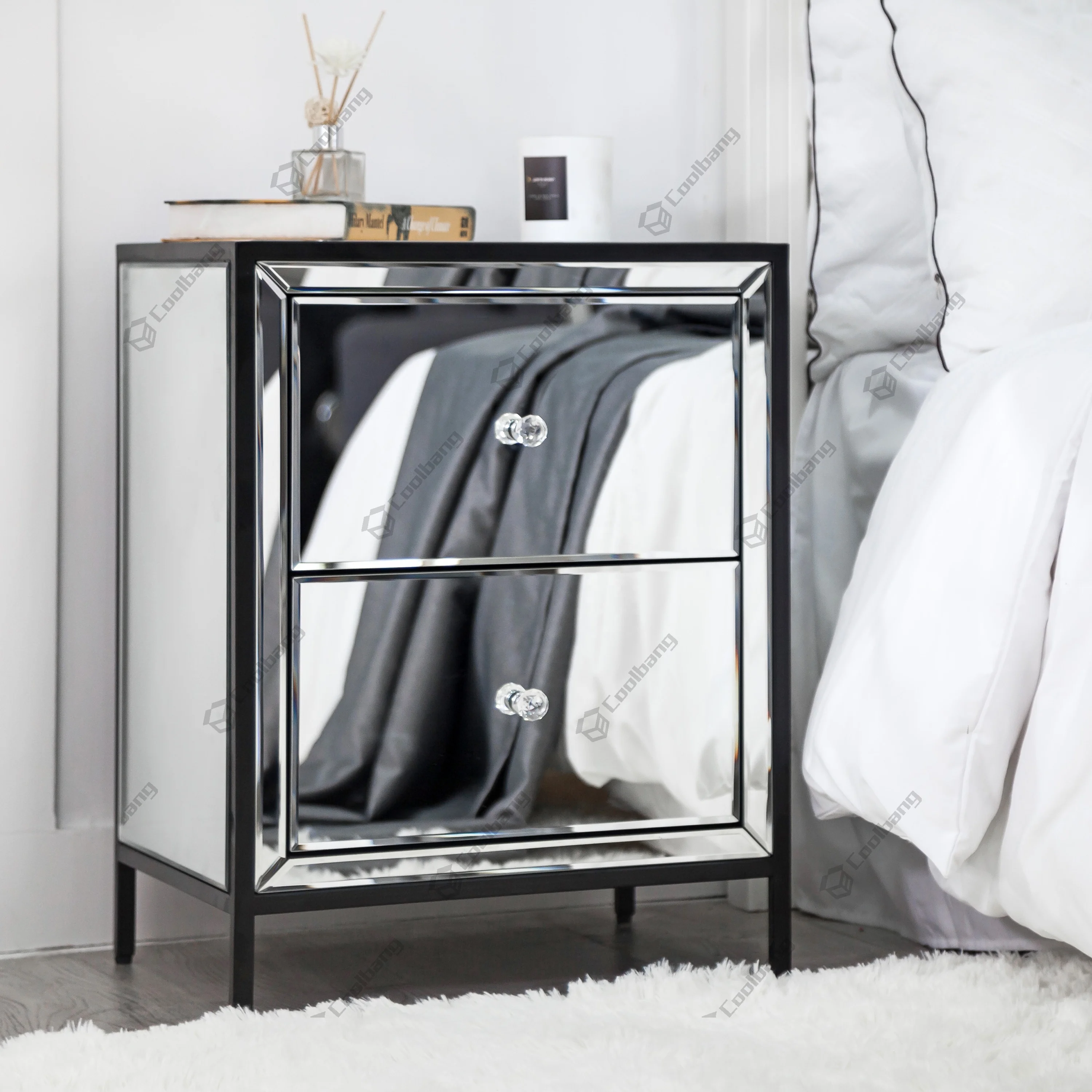New Design Bedroom Furniture Black Glass Mirrored Bedside Table Nightstand