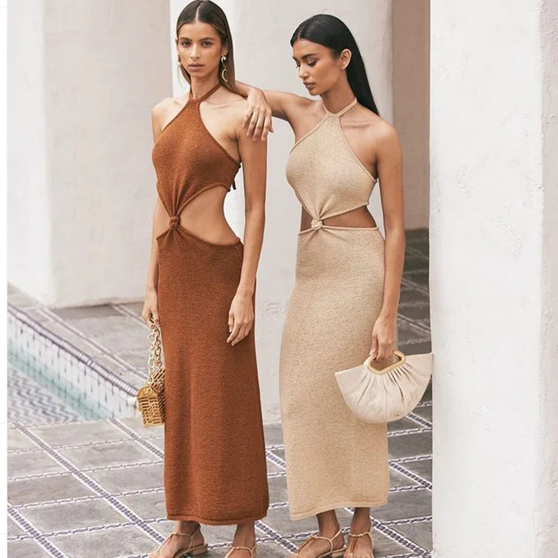 2021 Summer Crochet Knitted Hollow Out Halter Neck Elegant Sleeveless Long Casual Maxi Dresses