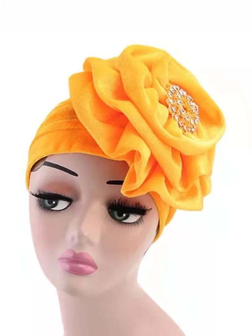 New Multicolor Muslim Women Gold Alloy Diamond Big Flower Velvet Turban Hat Muslim Hijab Indian Hat