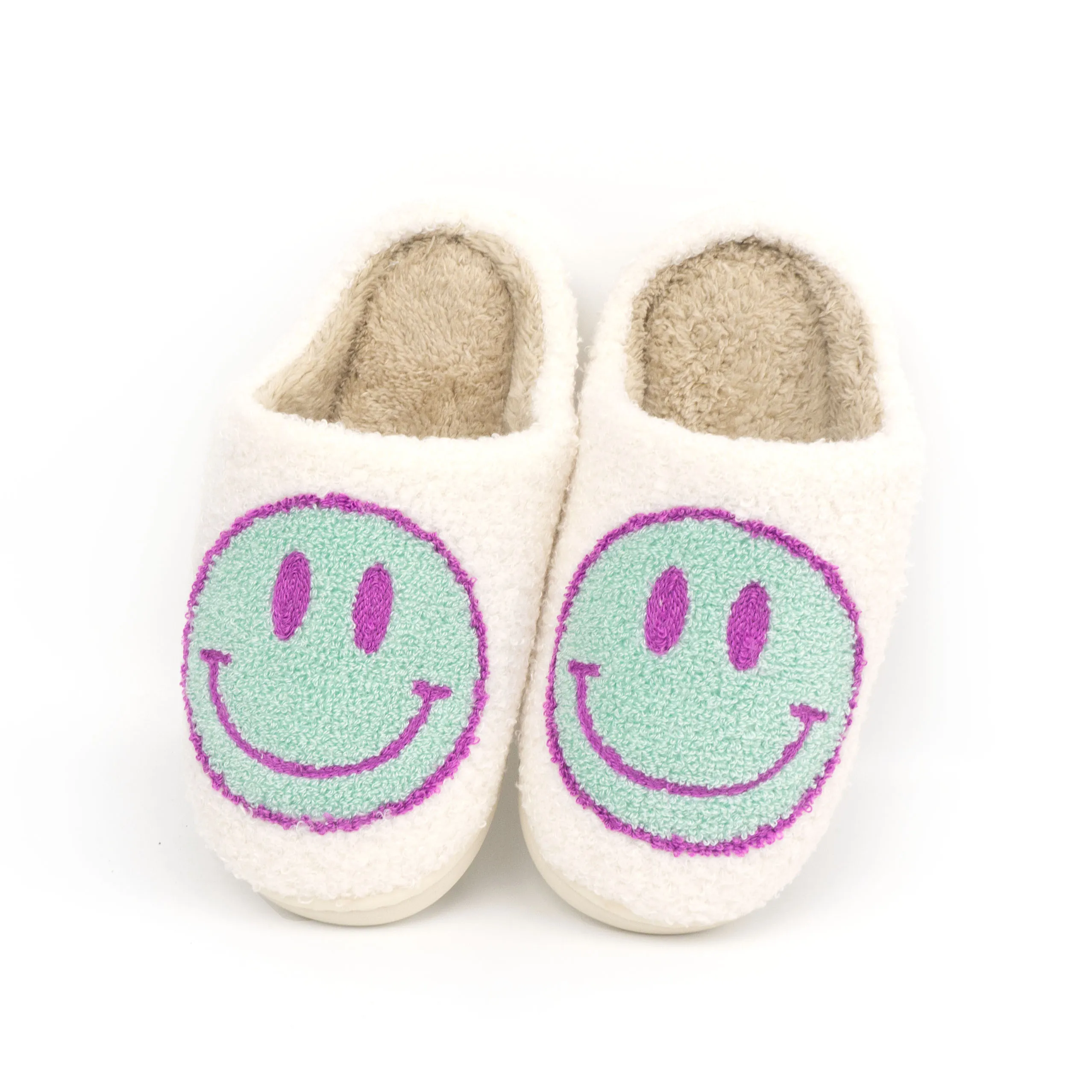 2021 Wholesale Indoor House Home Fluffy Smiley Face Fuzzy Slippers Pink Red Purple Multi Color For Ladies Winter