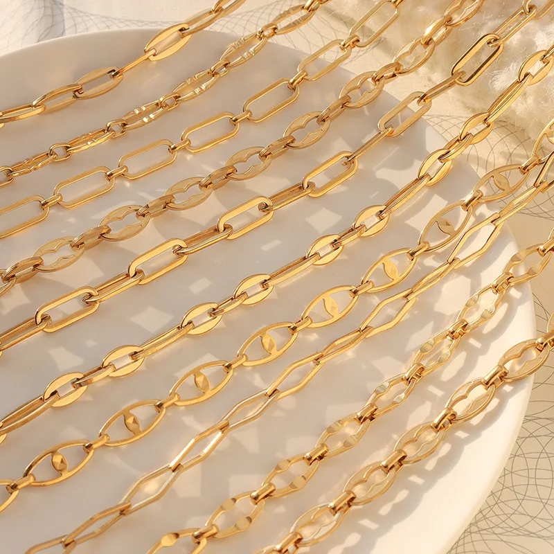 European Hip-hop Trendy Geometric Elements Stacked Simple Bare Chain Titanium Steel Plated 18k Gold Bracelet Necklace Set