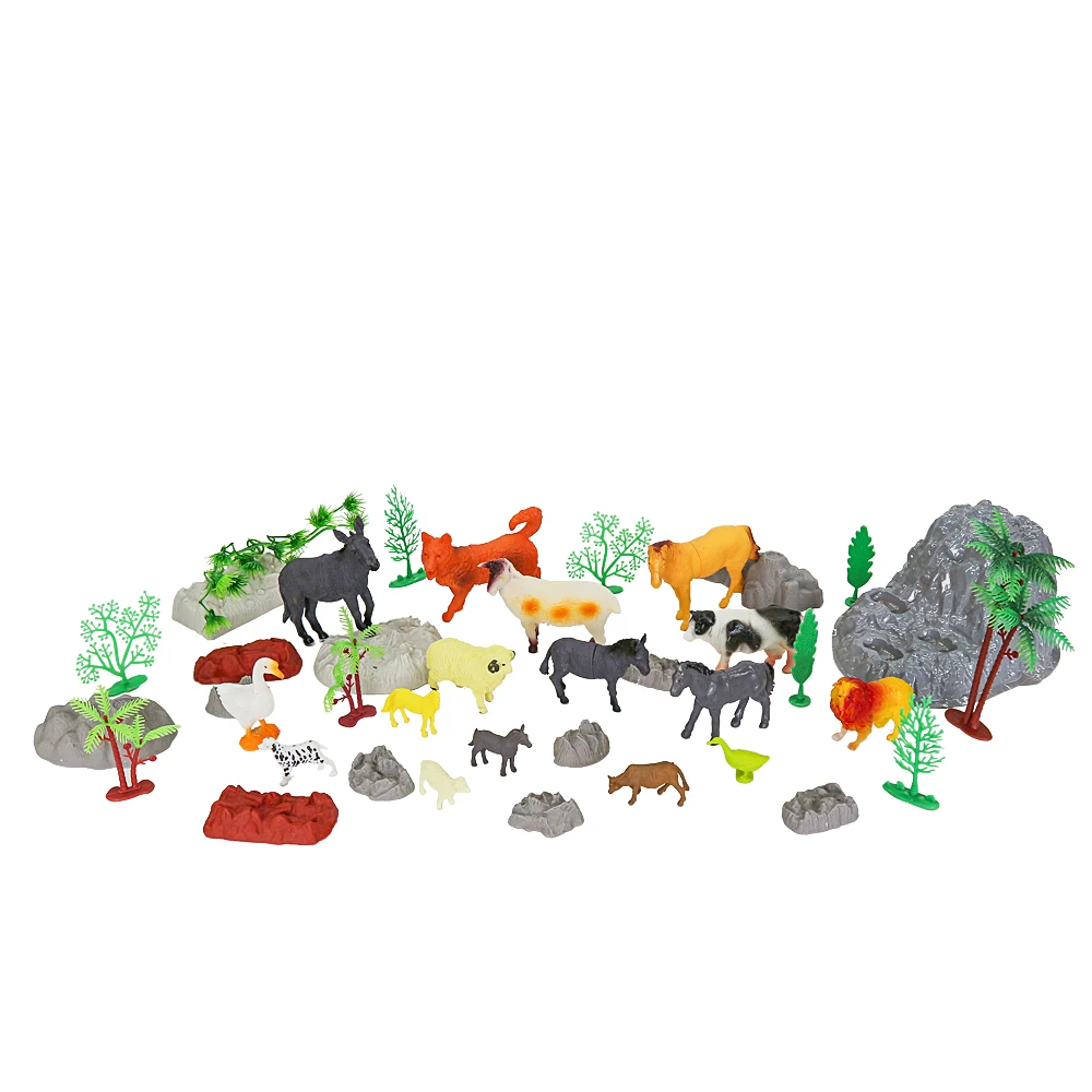 Plastic animals toy with tree fence and grass farm toy