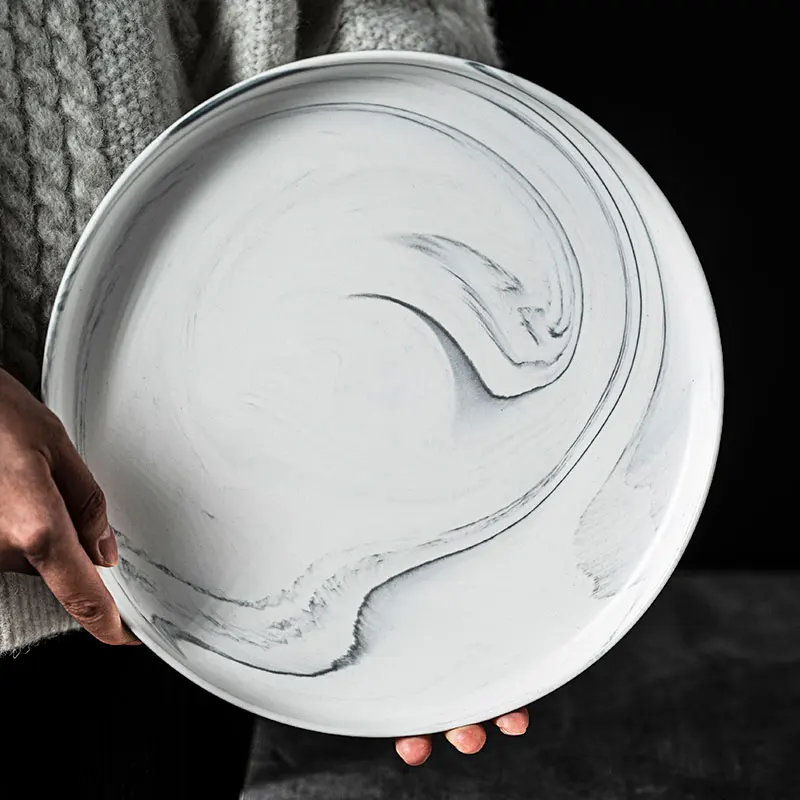 Ceramic marble round flat plates and dishes serving plato pasta plate for restaurants and bars