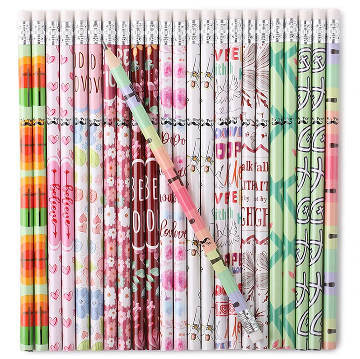 wholesale promotional cheap sharpened eraser top wooden pencils hb lead cartoon art colored pattern pencil for gifts