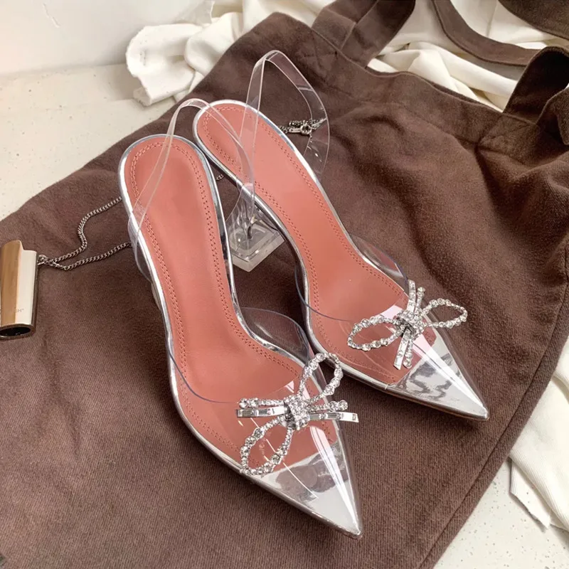 Rhinestone Bowknot Pointed Sandals Female Fairy Wind Net Red Crystal Transparent Rhinestone High Heels Stiletto Heels