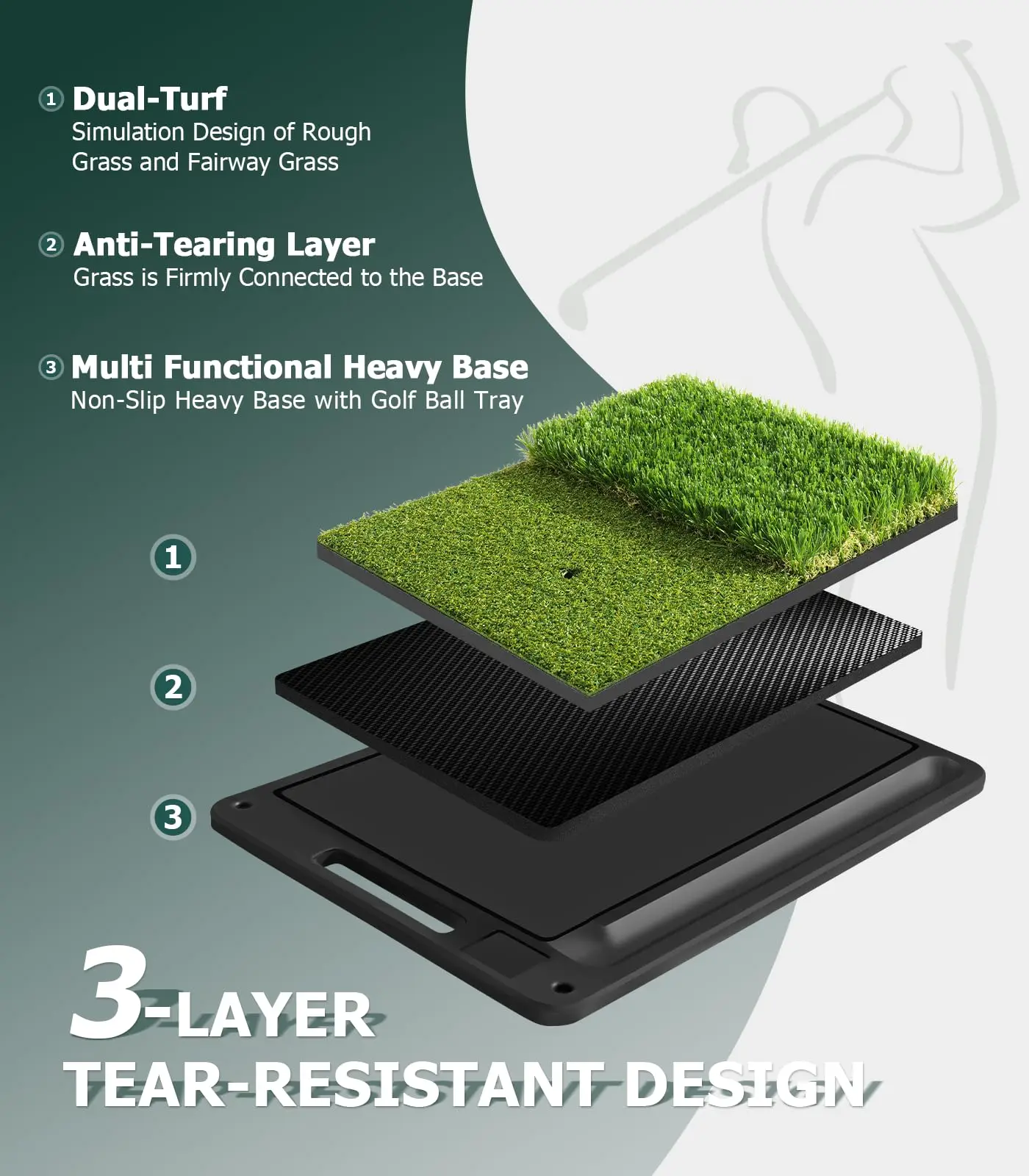 Outdoor Golf Chipping Mat with 2 Different Turf Rubber Base Accessories for Training