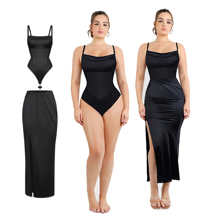 Custom wholesale Square-neck dress with shapewear Corset Two-Piece dress with built in shapewear maxi dress ladies casual WOMEN