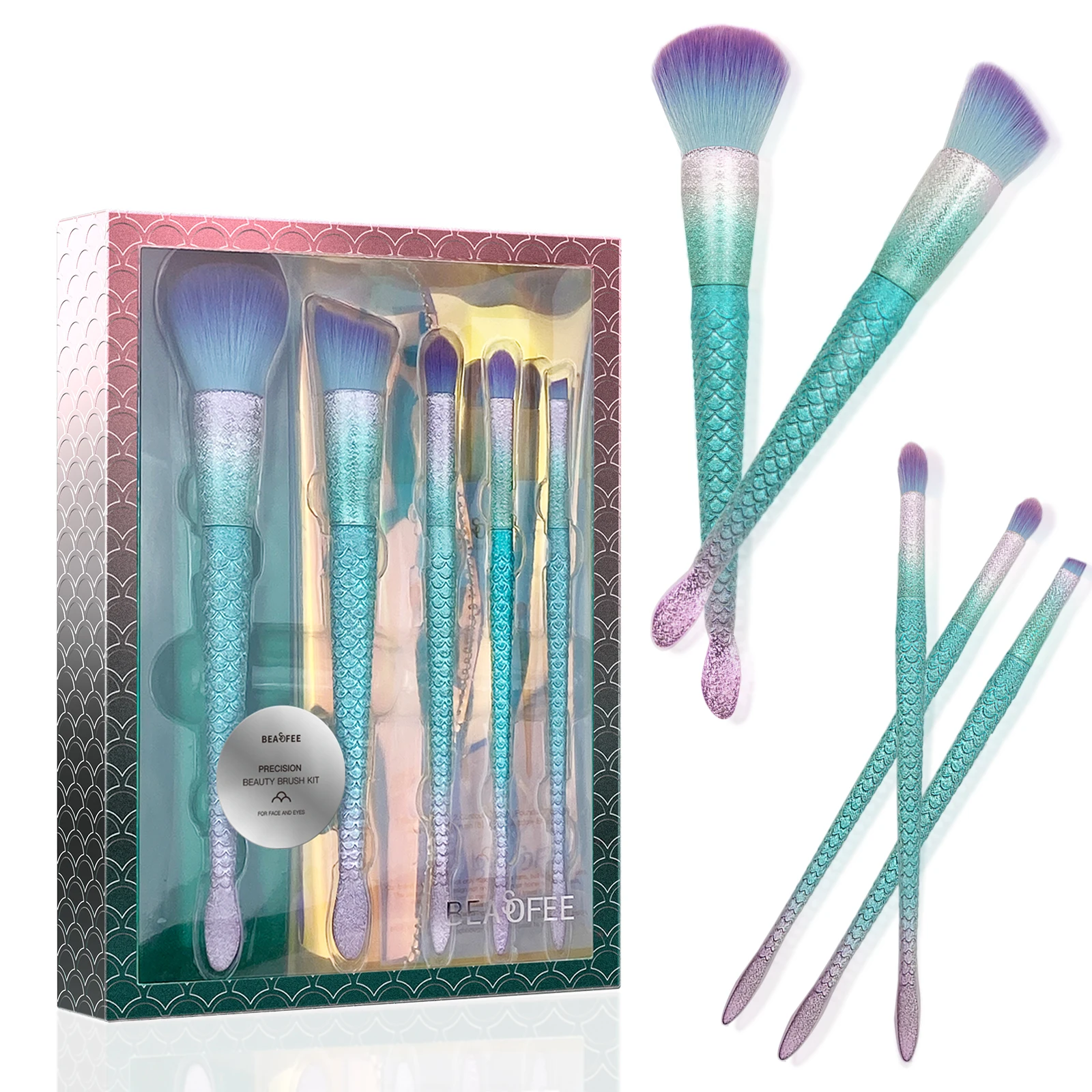 Green Mermaid precision 5 kit wholesale makeup brush set private label