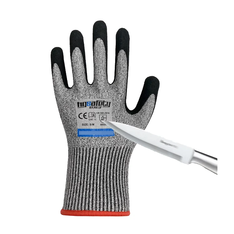 13G HPPE Glass Nitrile Coated Anti Cut Gloves Level 5 En388  Safety Working Cut Resistant Gloves For Industry Building