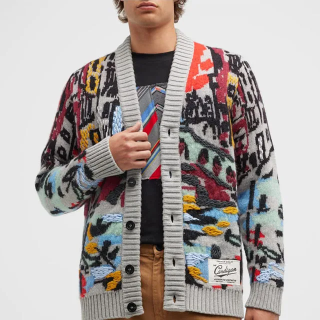 Custom Garment Men Sweater Thick Knit Jacquard Color Knitting Cardigan