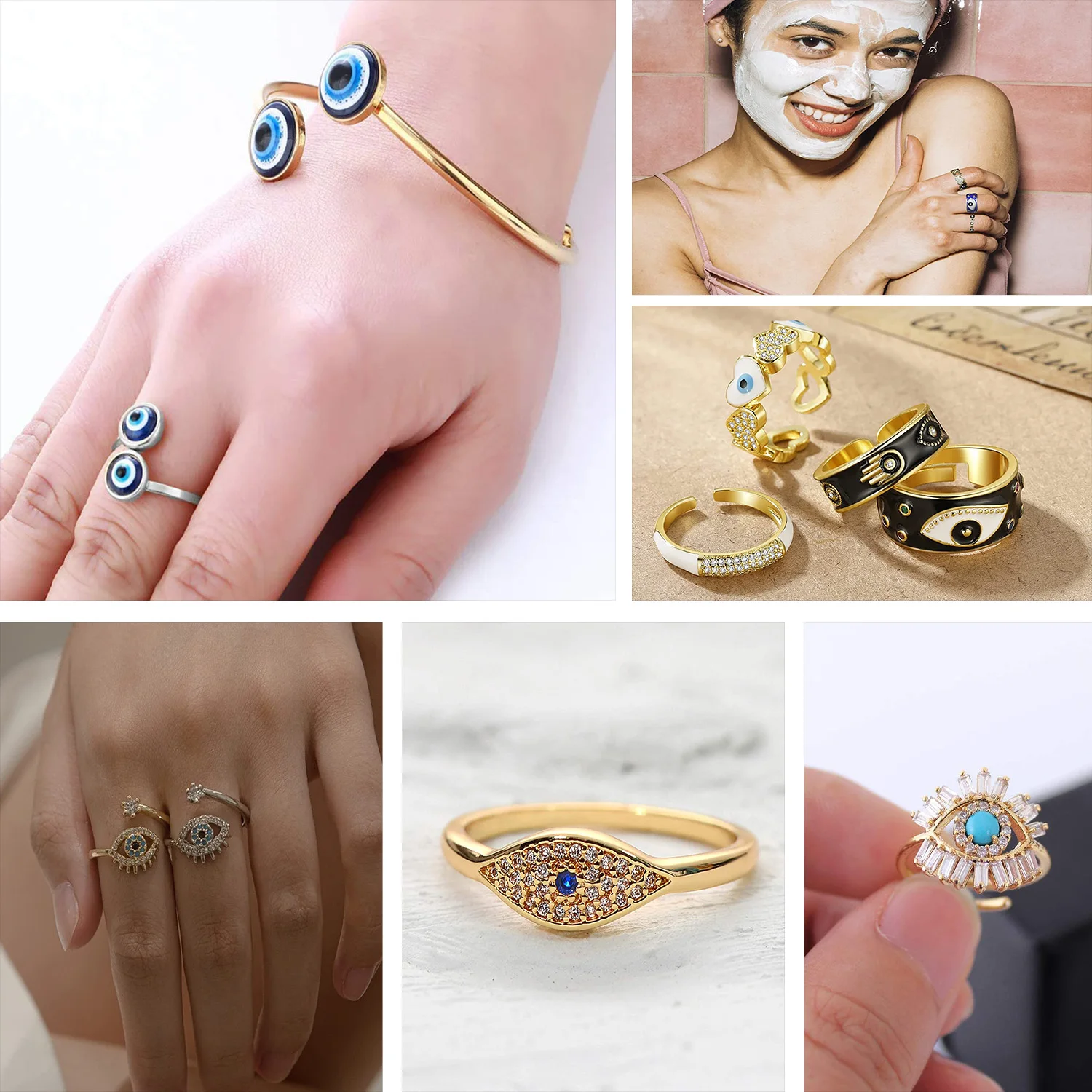 Fashion Transparent Hamsa Stones Dome Neon 18K Gold Plated Adjustable Stainless Steel For Women Diamond Rose Dainty Eye Ring