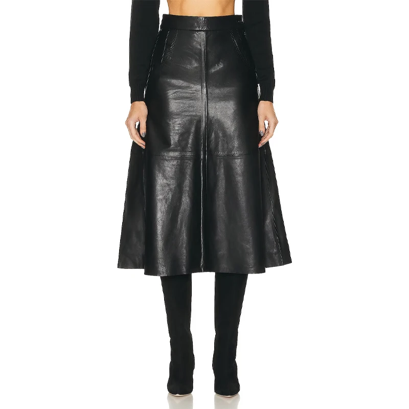 Oem Manufacturer Wholesale Custom Fashion Seamed A Line Women Black Pleated Ladies With Pockets Leather Midi Elegant Skirt