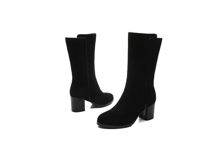 High Quality Kid Suede Round Toe Women Low Chunky Heel Black Zipper Winter Boots  for women with Plush lining