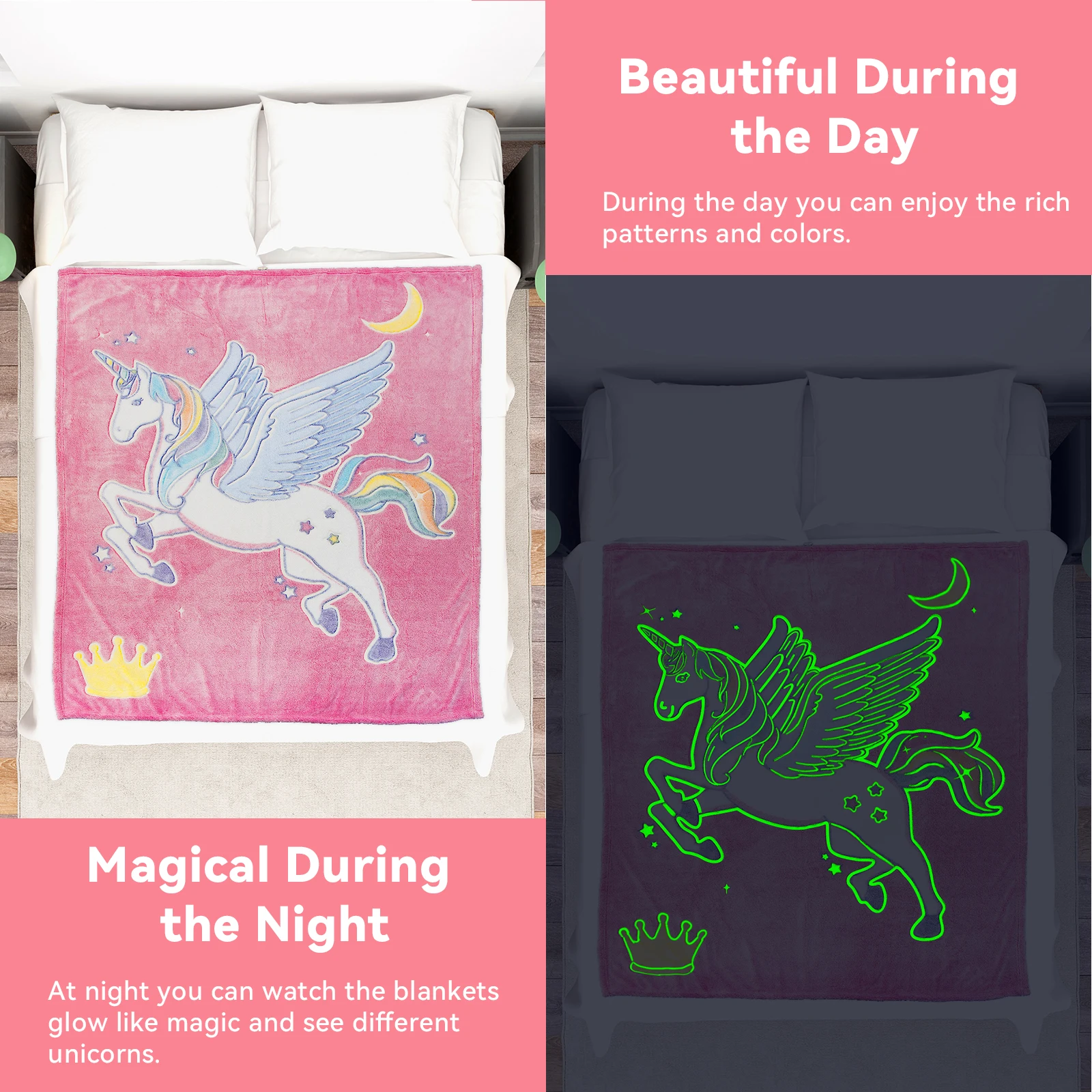 High Quality Custom Offset Printing Unicorn Design Colorful Flannel Fleece Luminous Glow In The Dark Blanket Pegasus For Kids