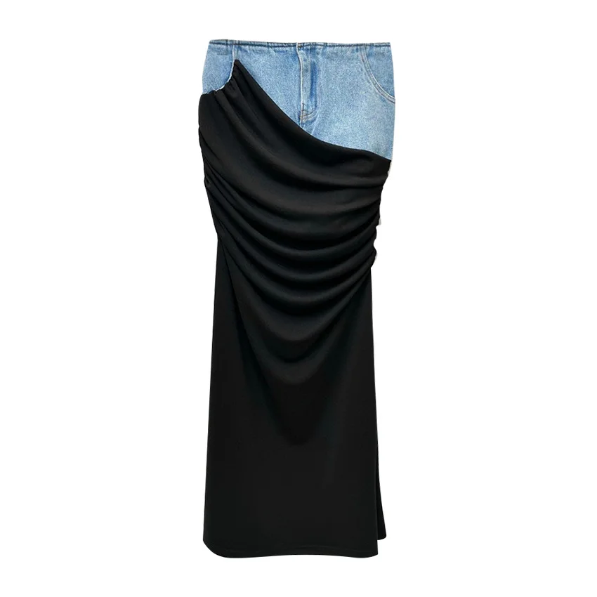 Clothes Women Modern Deconstructed High Waist skirt Women 2023 Spring New Black Pleated Stitching Design Sense Long Denim Skirt