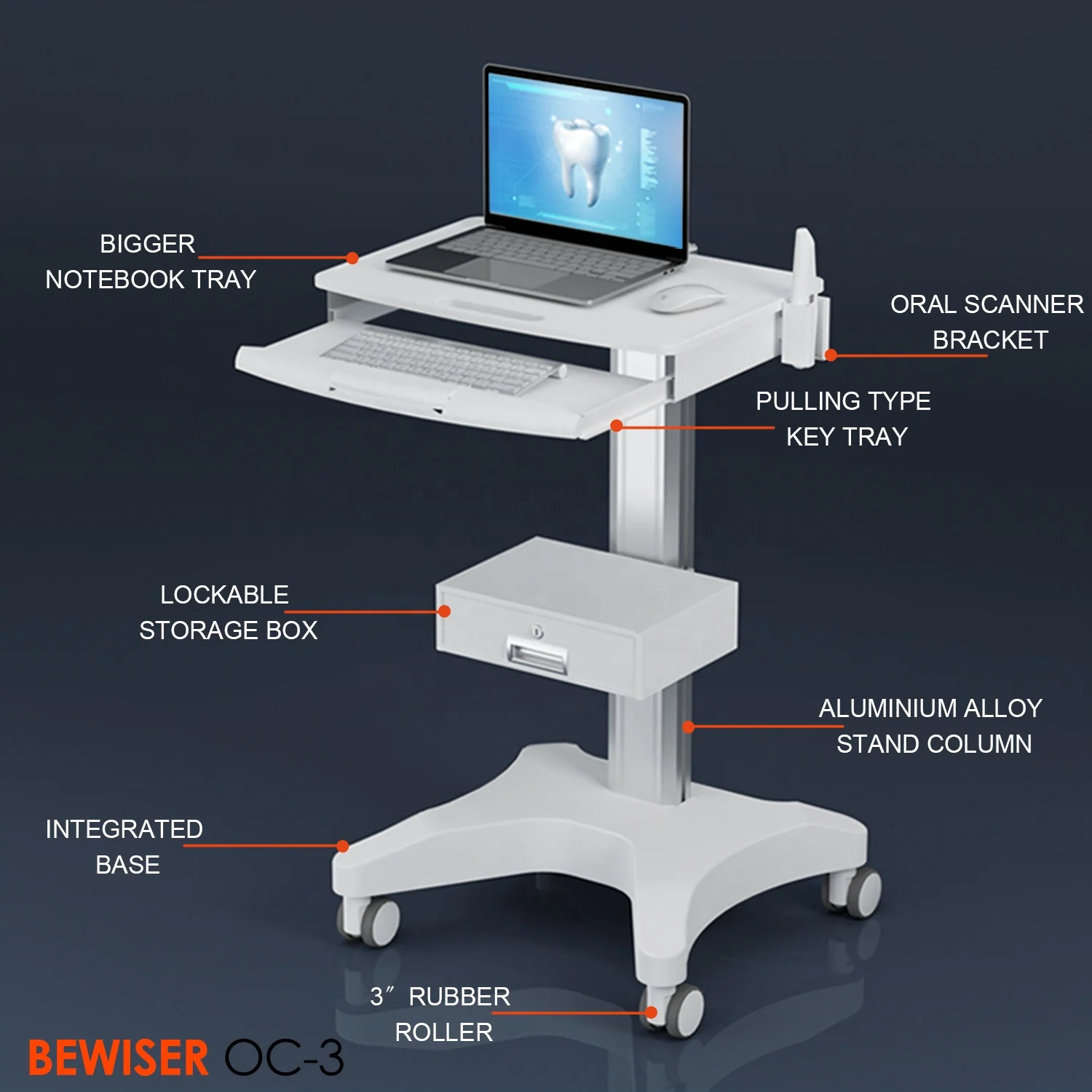 BEWISER  OC-3 Dental Cart Medical Trolley with Drawers Wheels Laptop Pallet Oral Scanner Holder for Hospital Office