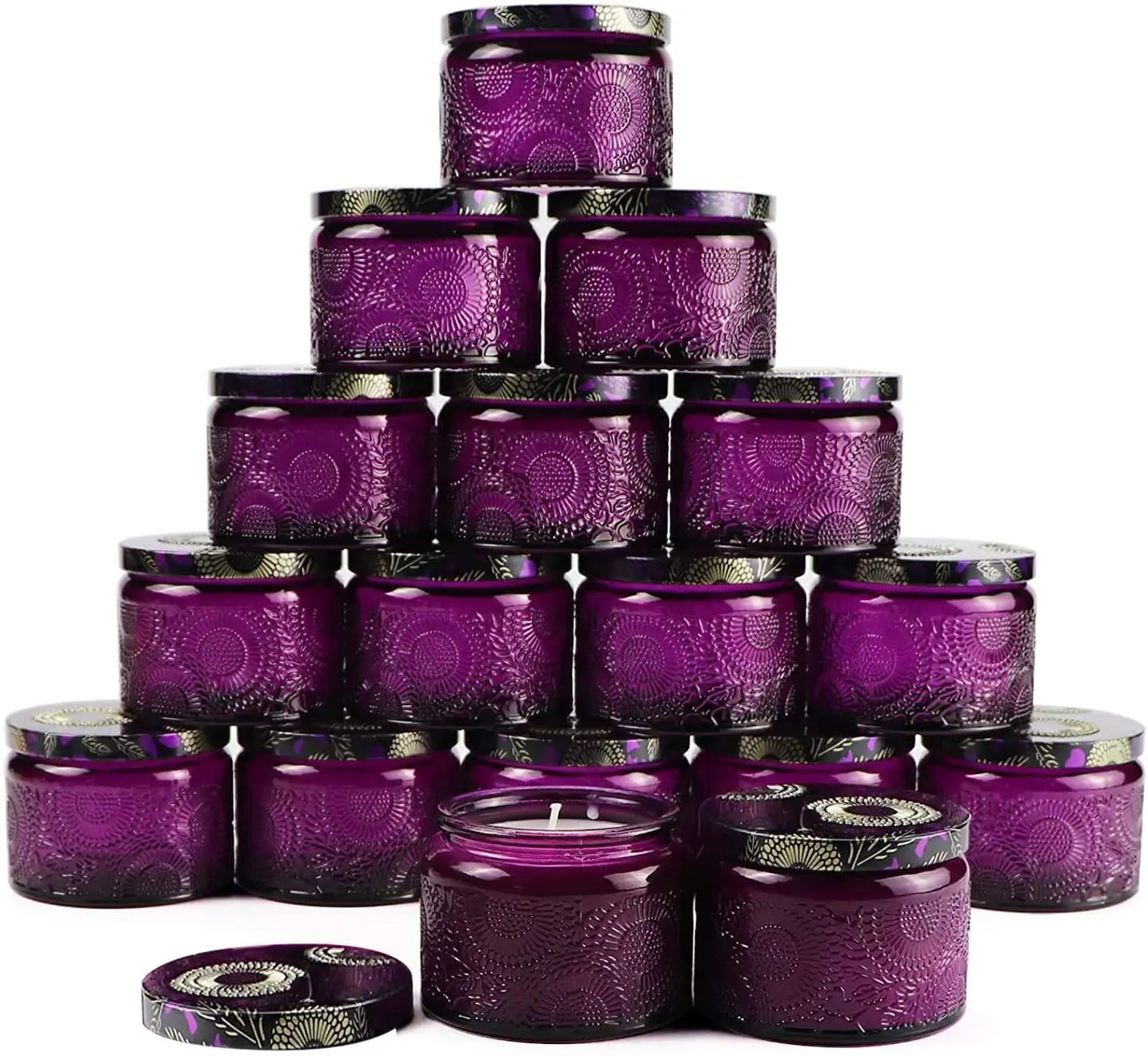 JD C 1613 Hot 120ml embossed round pattern candle jar Colored scented candle holder embossed glass candle cup with lid purple (1600387630227)
