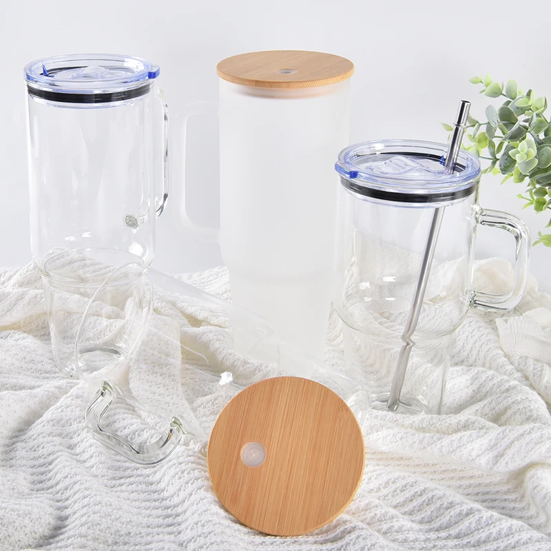 32Oz 40 Oz Sublimation Glass Flip Straw 1000Ml 1 Liter Litre 1Ltr Portable Sports Gym Clear Water Bottle Car Tumbler With Handle