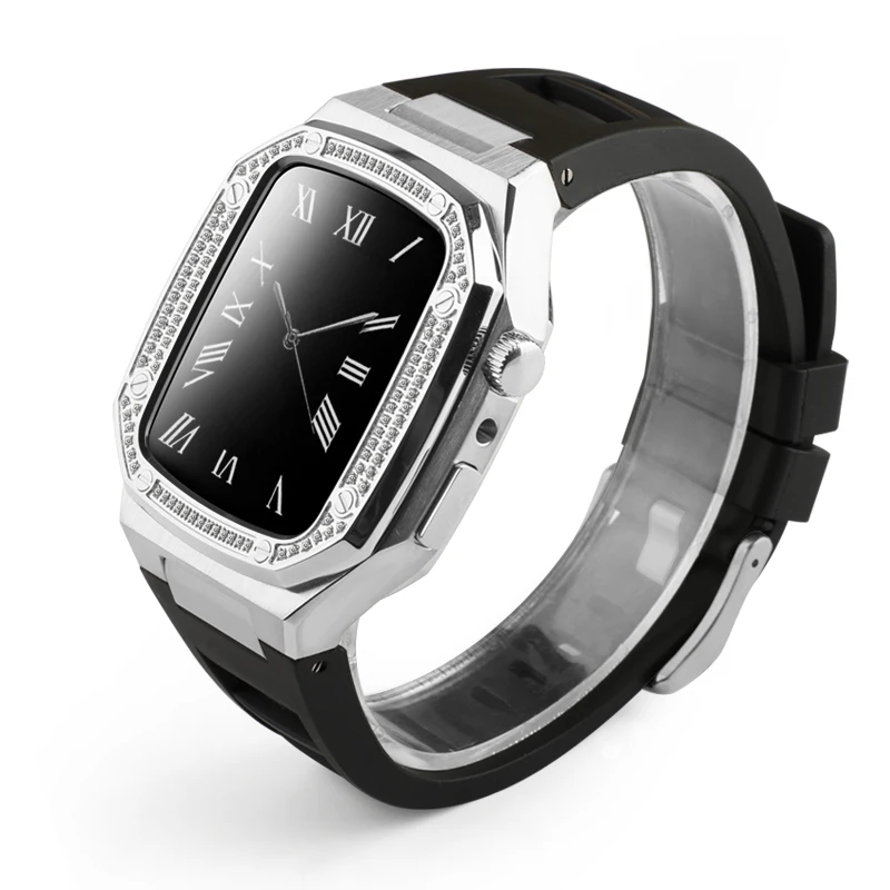 Hot sales Stainless Steel Case with Luxury Iced Stone Rubber Strap Modification Kit for Apple Watch Series 7 45 mm replacement