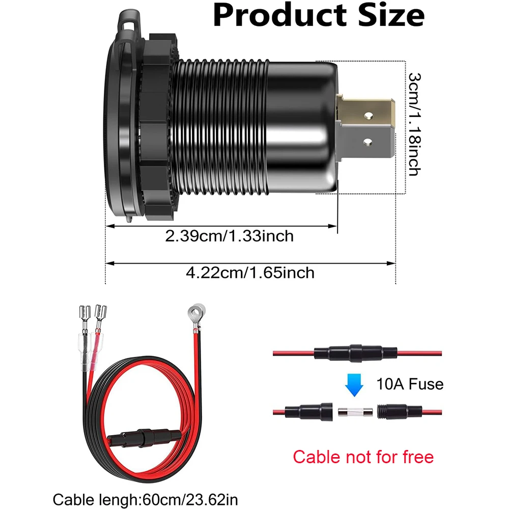 12V 24V Aluminum PD 65W for Laptop USB charger Socket and QC3.0 Multi USB Outlet with Voltmeter Ammeter and button Switch