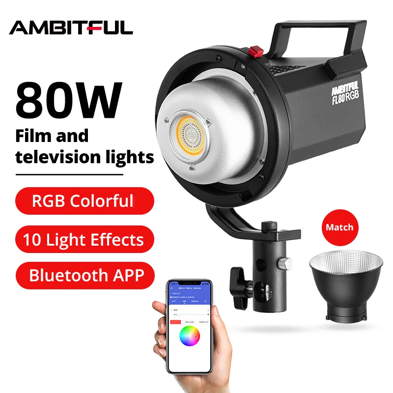 Ambitful FL80 цветная (RGB) Светодиодная лампа для видеосъемки Light 80W 5600K на открытом воздухе лампа дневного света для студийной фото-освещение для регулировки яркости Bowens Mount Поддержка APP