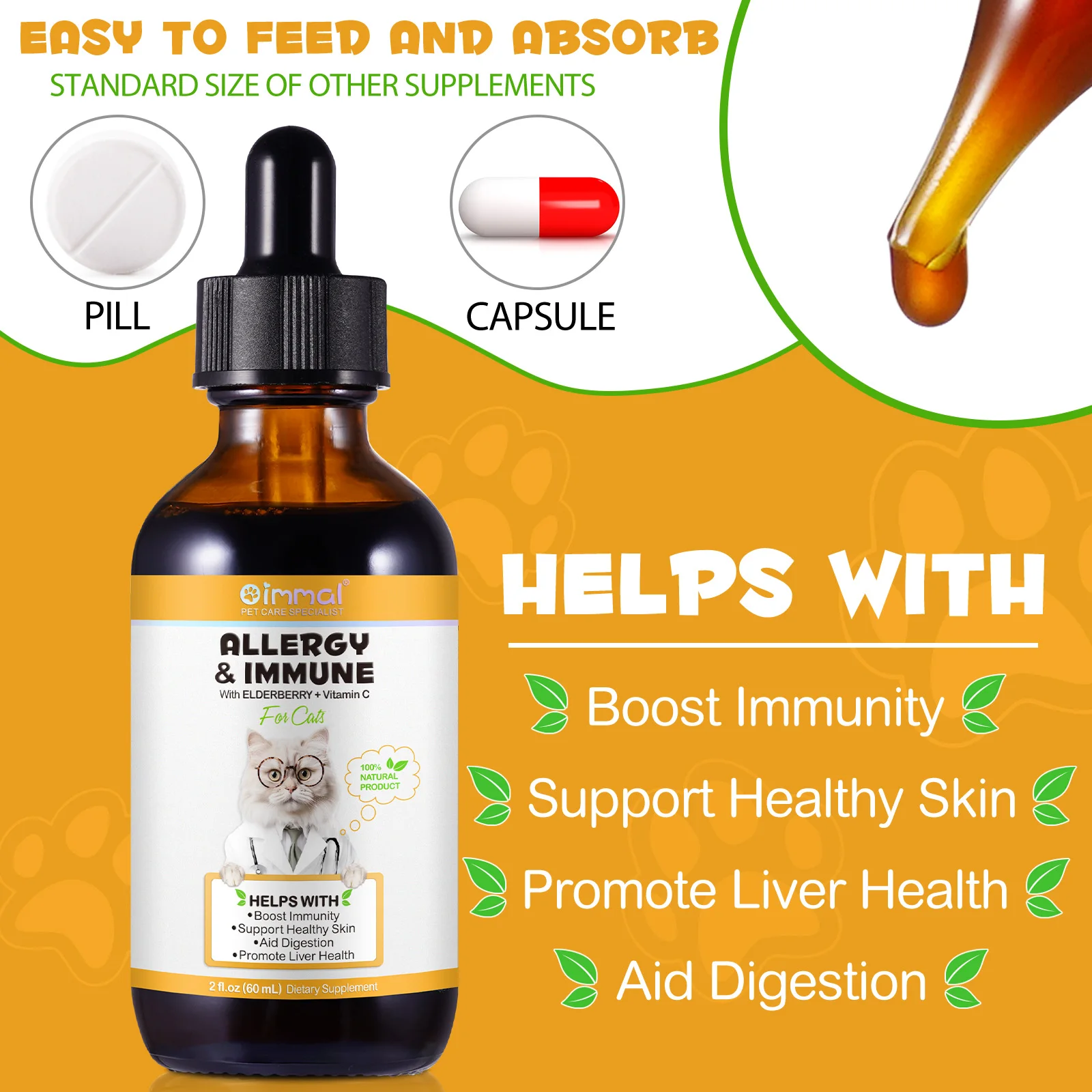 Oimmal 60ml Pet Supplement Digestion Liver Health Anti Itch Skin and Coat Immune Support Allergy Relief Liquid Drops for Cats