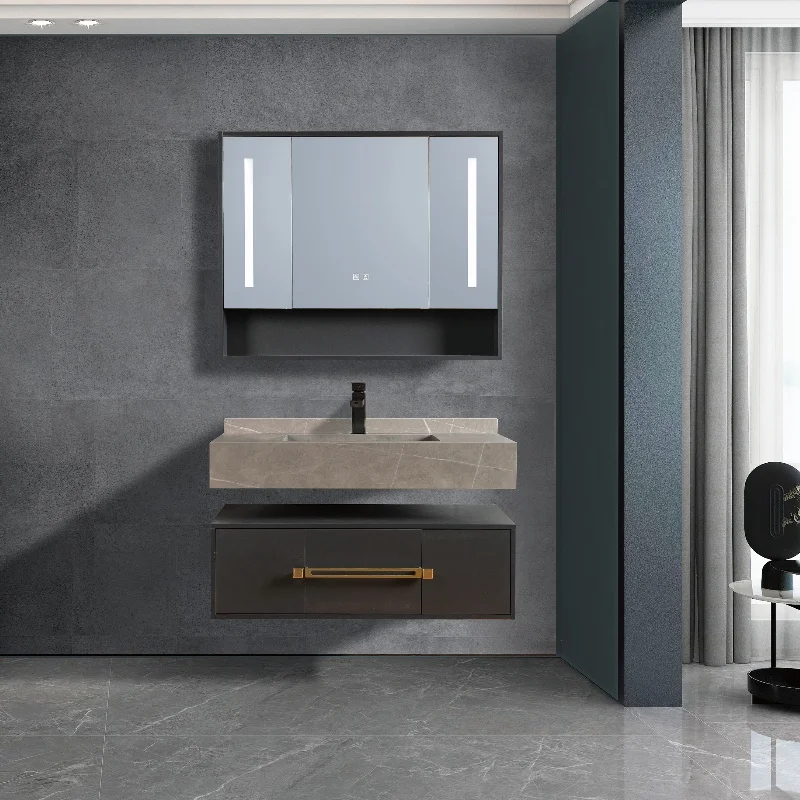 luxury hotel design wall hung black gold rock slab bathroom vanity sets with mirror cabinet