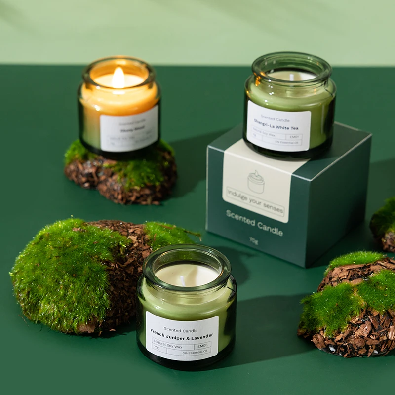 wood lid green glass small jar fragrance soy wax color gift box 70 g scented candle