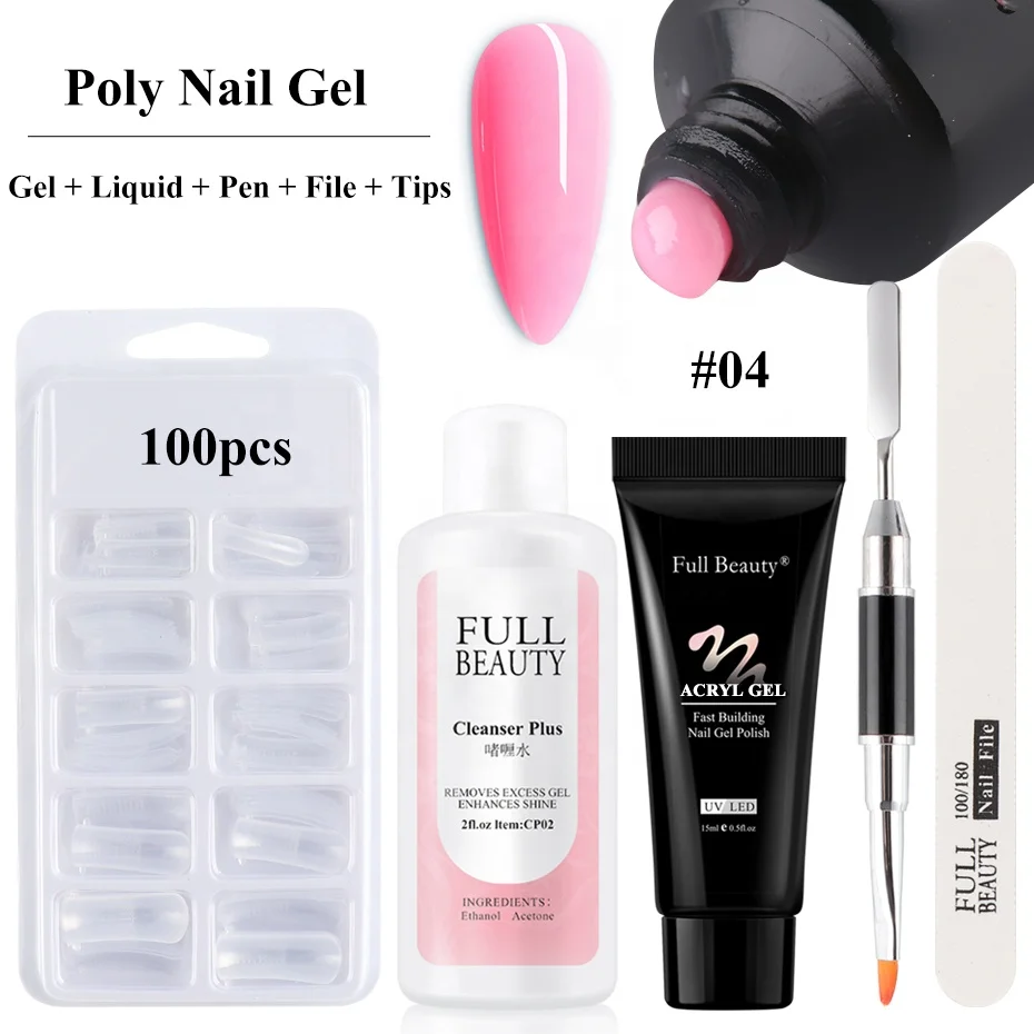 5Pcs Kit Acrylic Builder Poly Nail Gel Kit With UV Extension Gels Brush Degreaser False Nail Tips Nail Form Manicure Tool Set