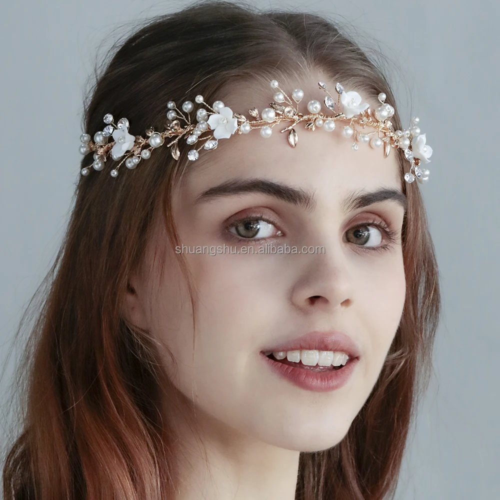 Women Crown Headpiece Pearl Headpiece  Fashion Ceramic Flower Bridal Headpiece
