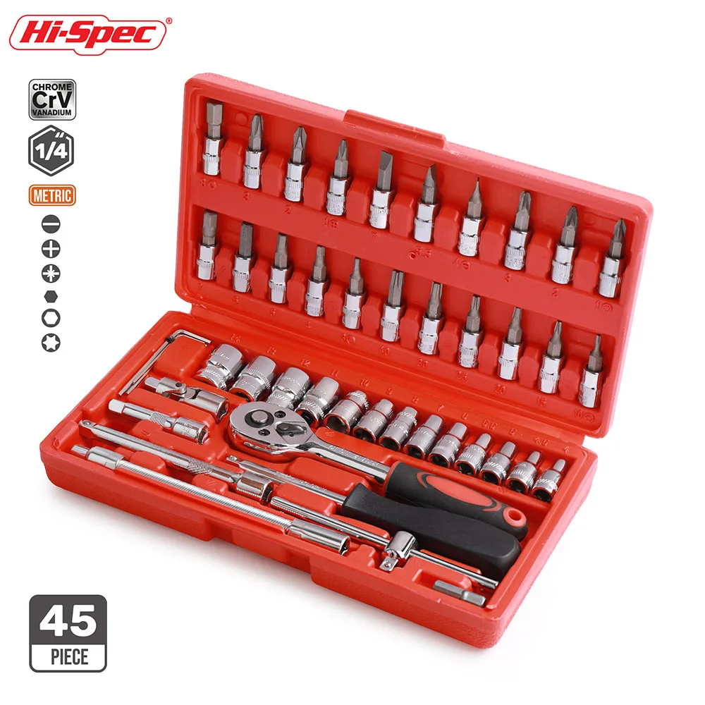  Набор метрических гнезд Hi-Spec 45 шт. 1/4 дюйма автомобильный комплект с рукояткой храповым