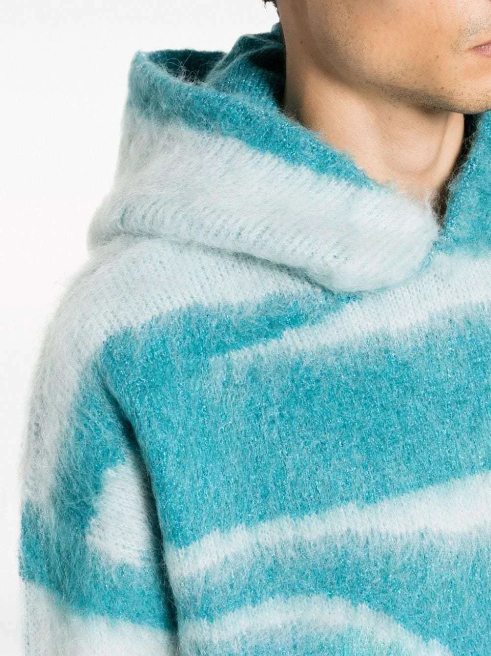 2024 custom mohair knitted hoodie dropped shoulder jacquard knitwear winter fluffy wool sweaters for men