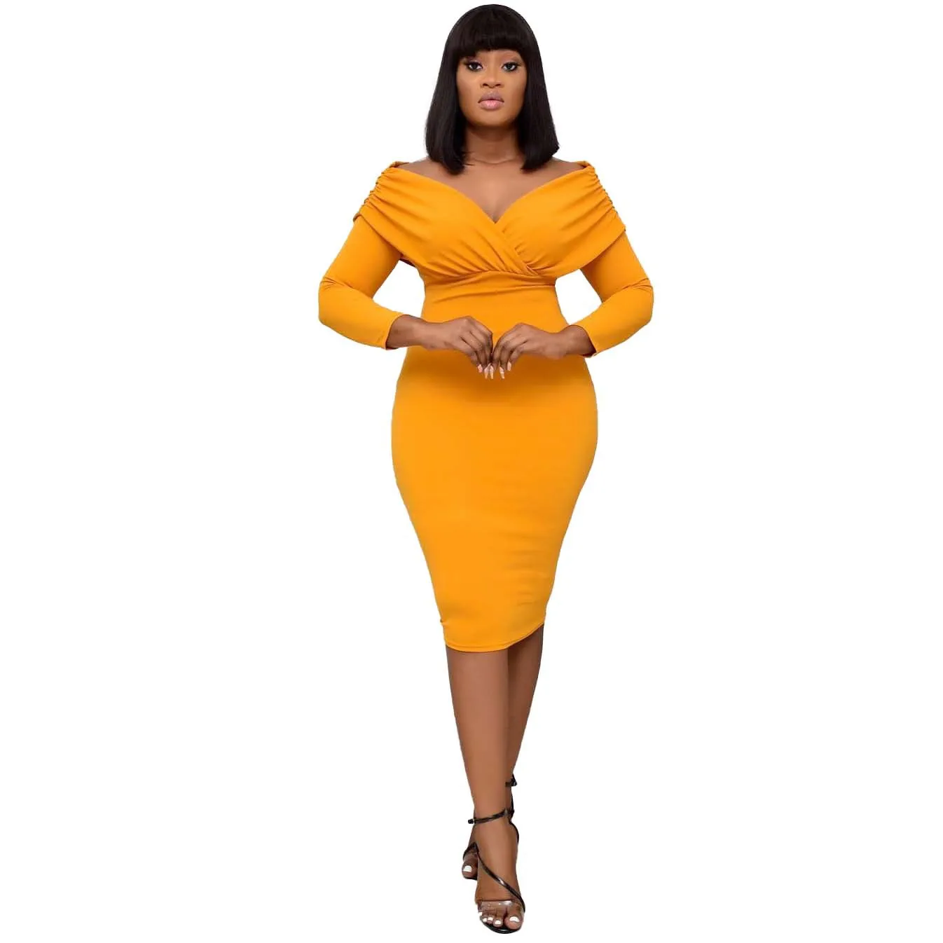 
Fall solid color butt-wrap, off-the-shoulder, V-neck professional office African dress 
