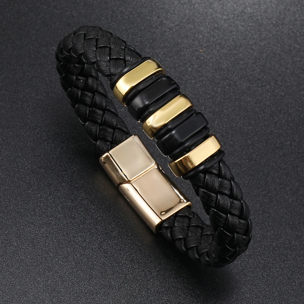 Good Quality Custom Leather Braided Bracelet magnetic buckle Gold Silver Plated Leather Bracelet For Men