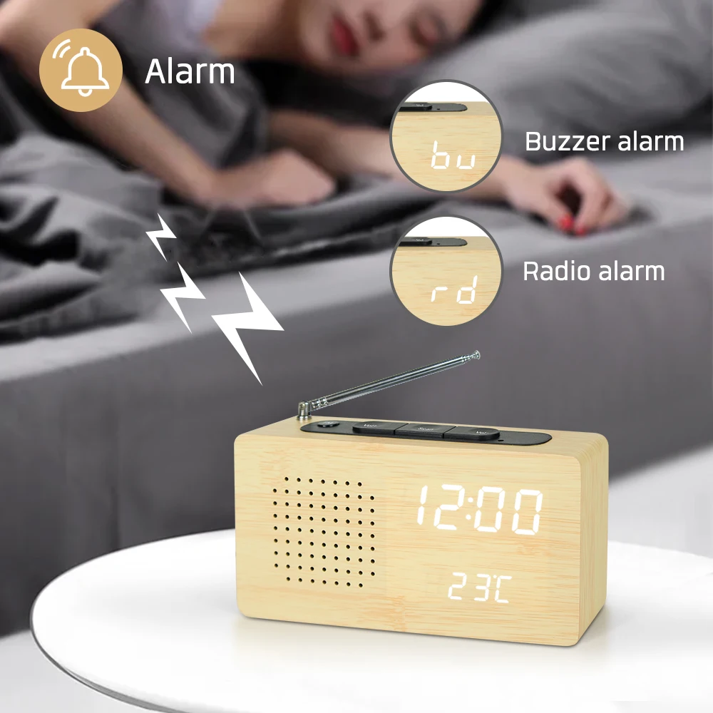 Evertop ET525 Classic Model Wood FM Radio 3 Alarms Temperature Multifunction Digital Table LED clock