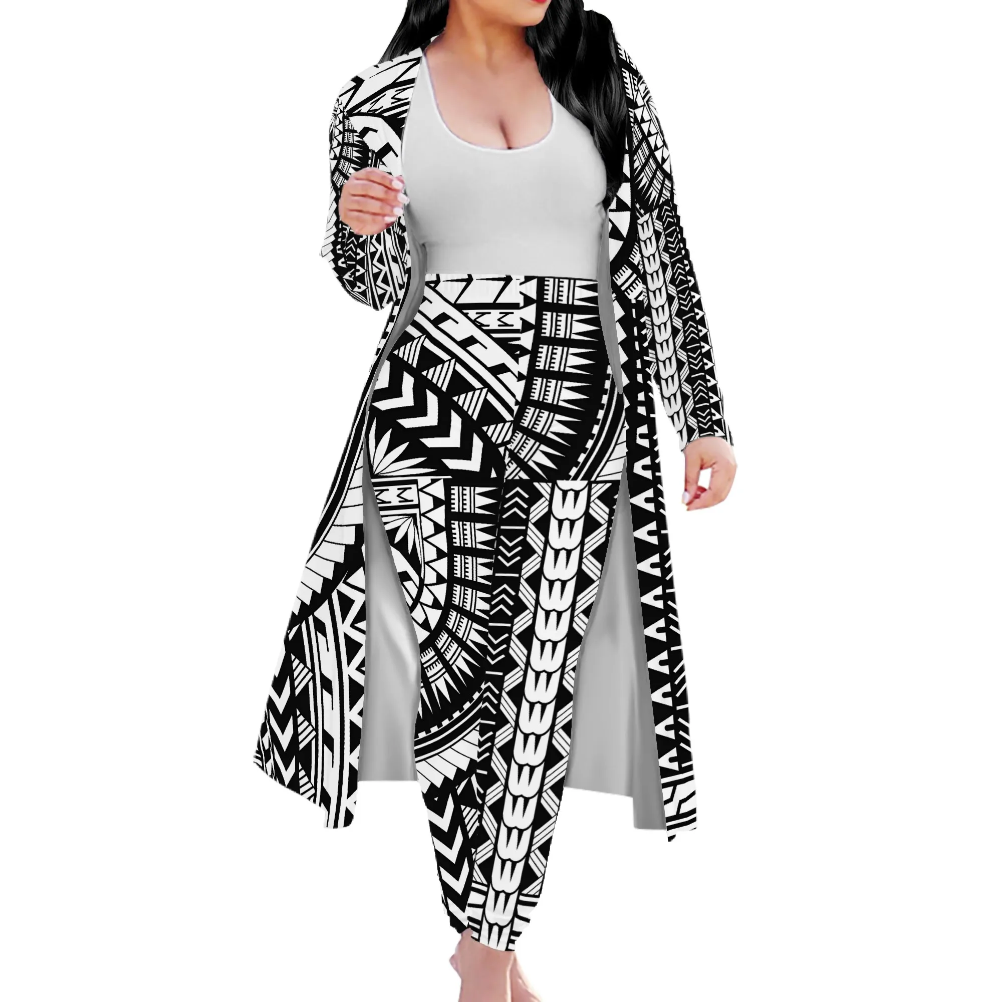 Hot Sell Black White Tribal Print Polynesian Stripe Couple Clothes 2 pcs Set Custom Women Cloak Trousers Suit cardigan kimono