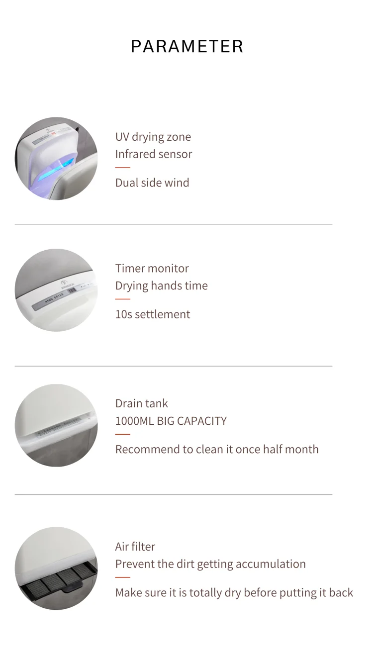 Electric Automatic Brushless Motor Hand Dryer for Hotel Toilets/Bathrooms ABS Material High Speed Warm & Cold Air