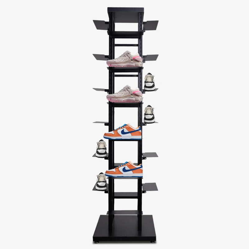 Footwear brand retail chain sneaker store fixtures metal rack powder coated black 4 ways shoes stand display
