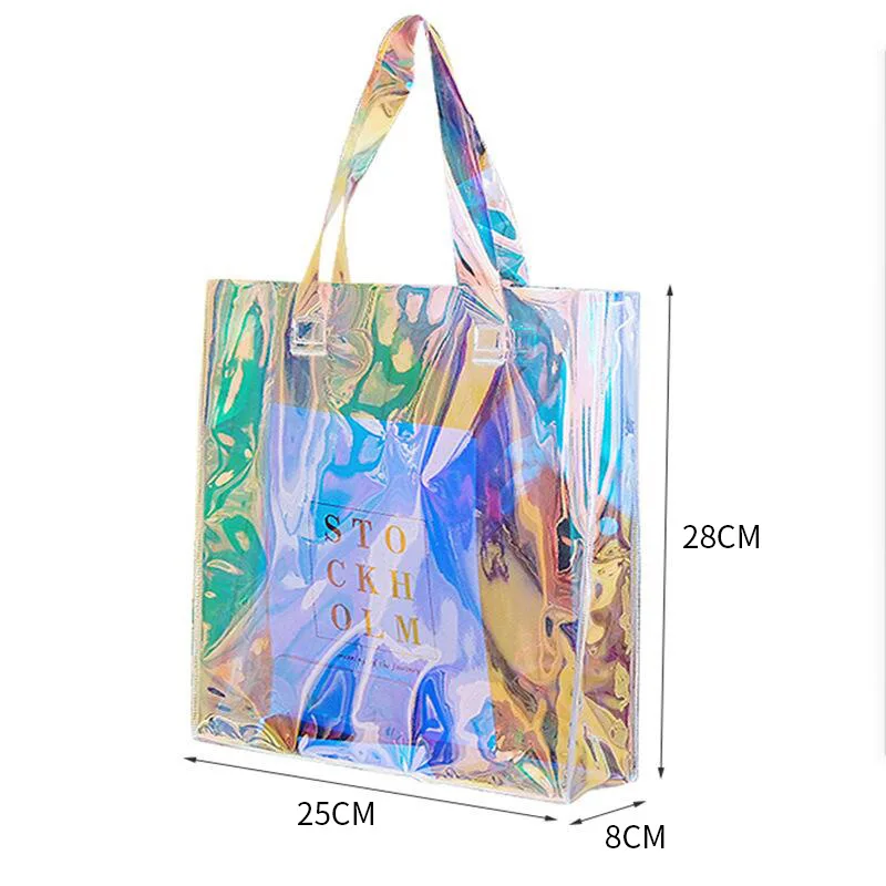 Hot Holographic Gift Bags Clear Iridescent Reusable Birthday Bags Handle PVC Gift Shopping Bags for Women Girl Wedding Party