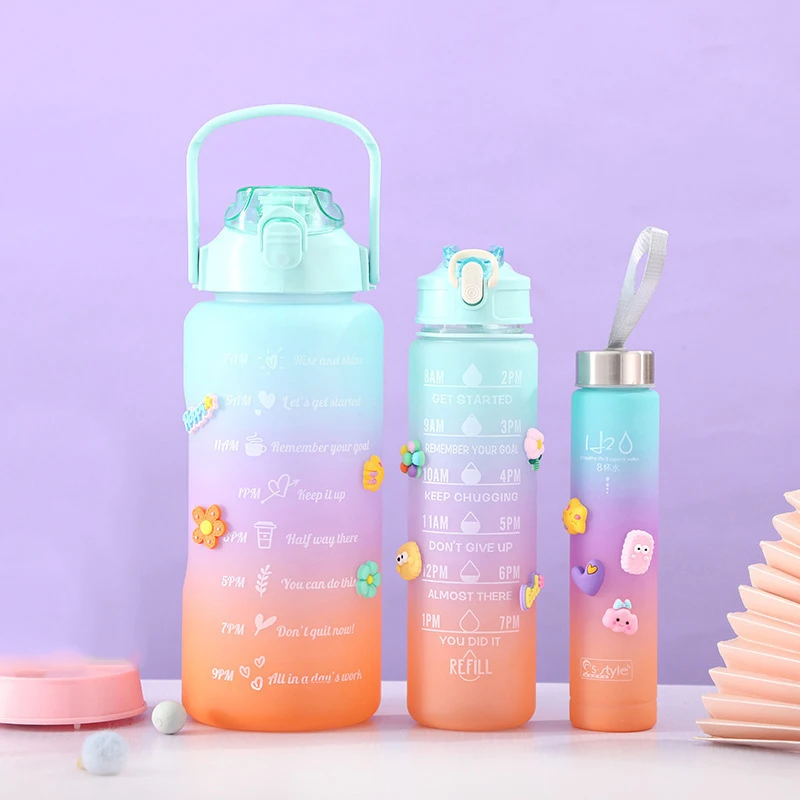 Sports Water Bottle 3pcs/set Motivational Water Bottle For Male Female Set 2000ml 900ml 280ml Portable Reusable Summer Cups