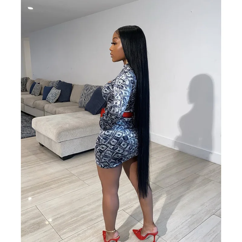 
High-elastic Long Sleeve Mini Dress For Lady Night Clube Wear Velvet Style Dollar Print High Neck Bodycon Dress Club Dress 