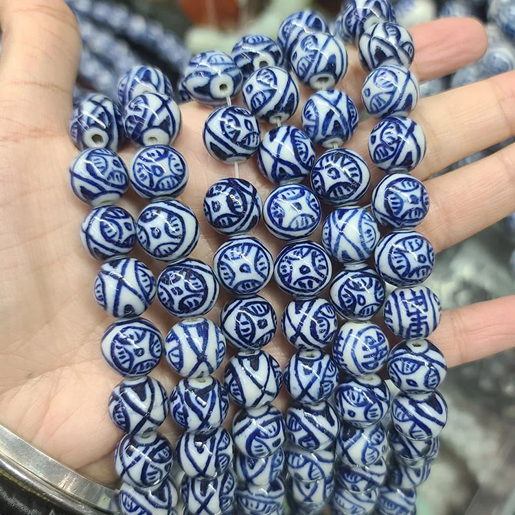 CC1888 12MM Hand Painted Ceramic Blue White Porcelain Round Beads ,Chinoiserie China Blue White Double Happiness Longevity Beads