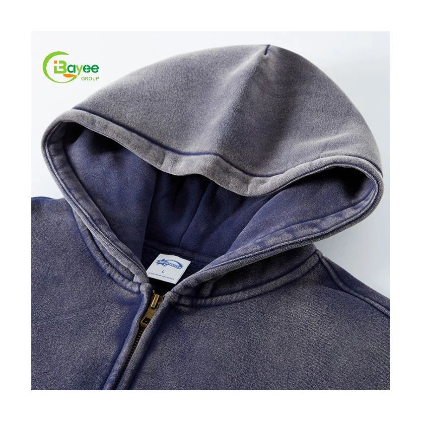 Custom 360Gsm Fleece Double Zipper Sun Faded Zip Up Hoodie Blank Unisex Drop Shoulder Vintage Acid Wash Zip Hoodie For Men