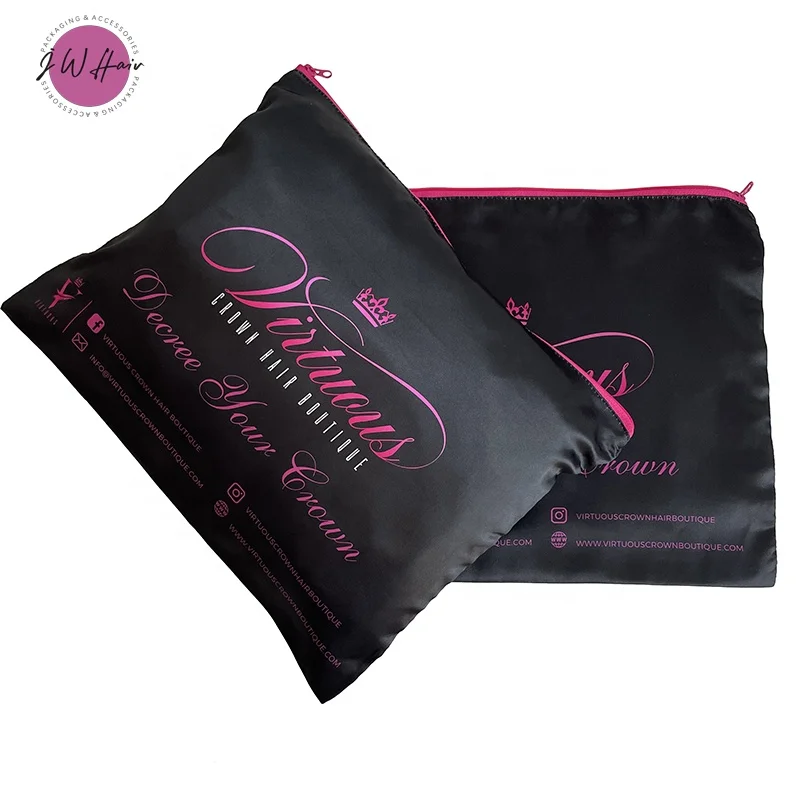 Hair Extensions Packaging Silk Zipper Bag Custom All Over Logo Printed Satin Zip Wig Storage Gift Bag