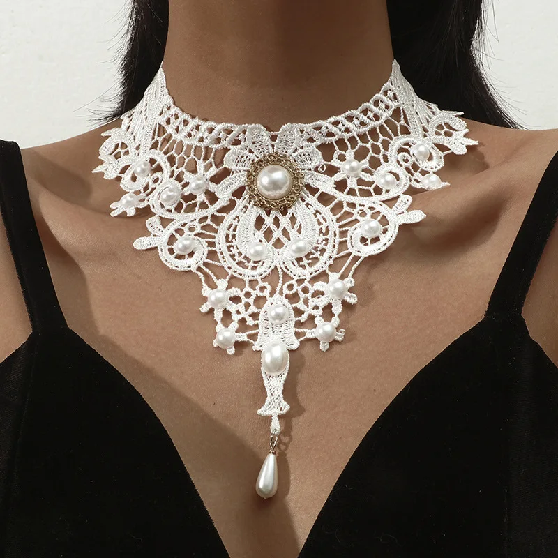 New Design Elegant Women Retro Neck Collar Halloween Party Gothic White Black Lace Neck Chain Choker Necklace