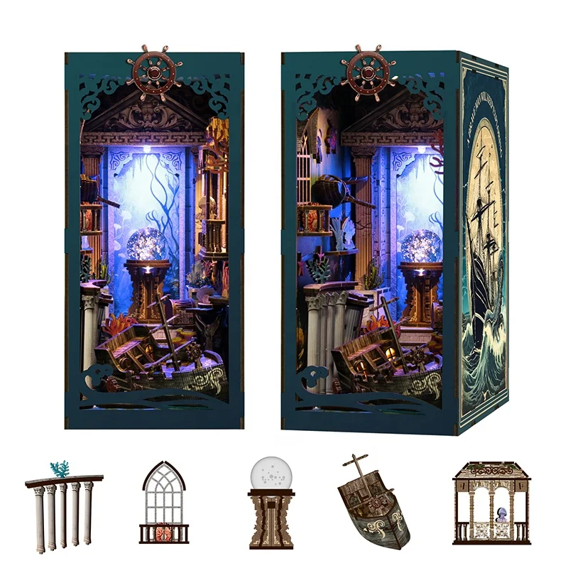 Eco-friendly seabed story book nook city UV printing custom LED light 3D wooden puzzle book nooks